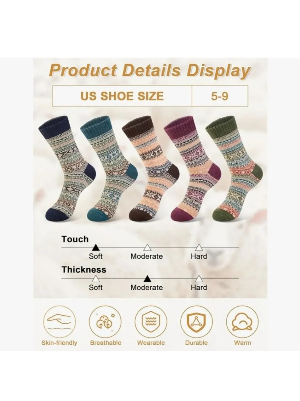 5 Pair Women's Patterned Wool Blend Socks